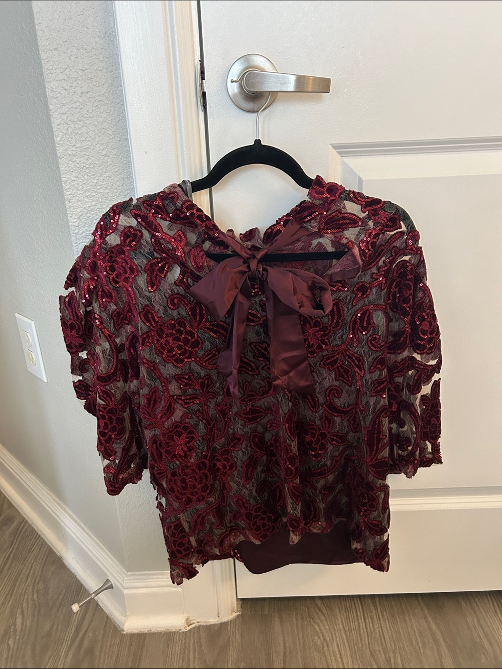 Anthropologie Wine Red Sequin Floral Sheer Blouse - Picture 3 of 3
